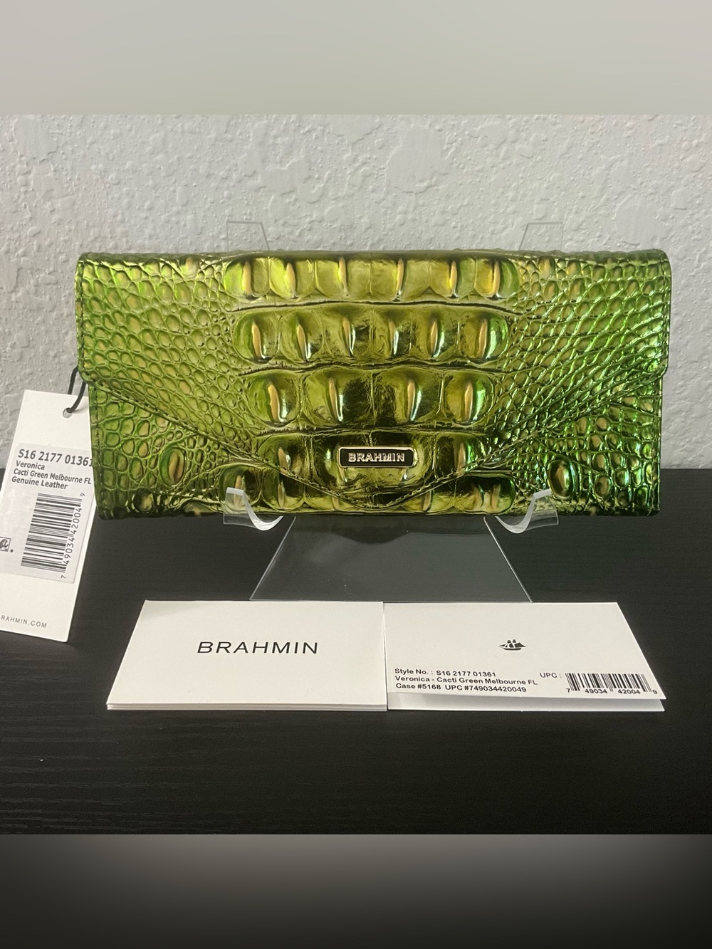 Brahmin Veronica CACTI GREEN MELBOURNE FL Envelope Wallet METALLIC GREEN